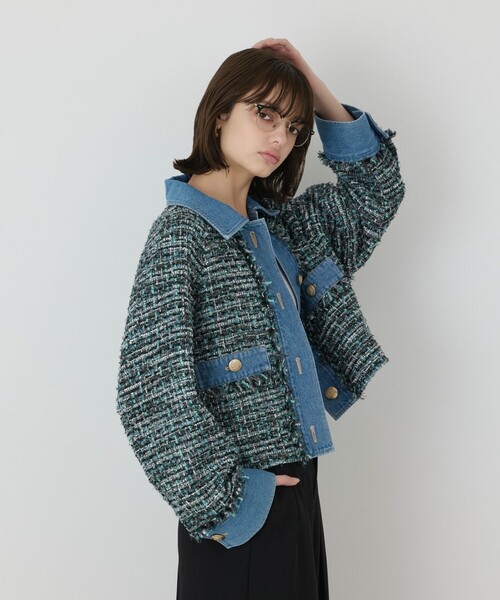 GRACE CONTINENTAL（グレースコンチネンタル）の「デニムコンビツイードジャケット（デニムジャケット・レディース・グリーン・36）」の6枚目の写真