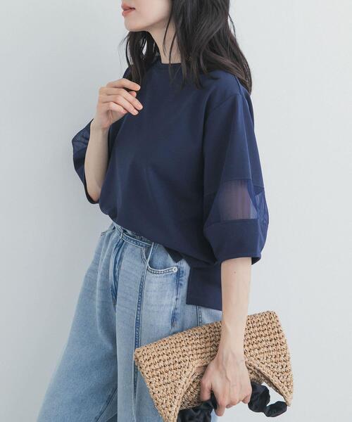 セール】異素材ドッキングスリーブプルオーバー（Tシャツ/カットソー