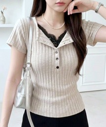 胸元レースドッキングヘンリーネックリブTシャツ