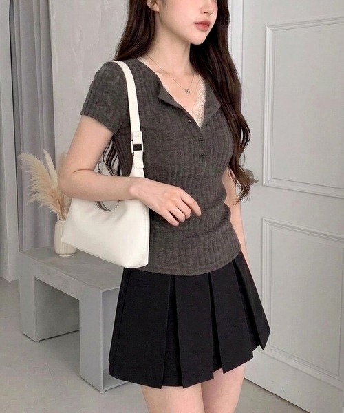 HAILY(ヘイリー)の「胸元レースドッキングヘンリーネックリブTシャツ(Tシャツ/カットソー・レディース・チャコールグレー/オートミール・FREE)」の18枚目の写真