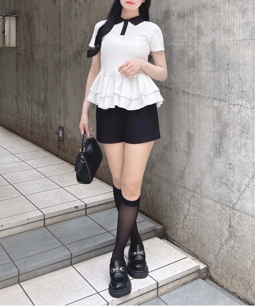 INGNI(イング)の「切替ペプラム襟配色ポロトップス(Tシャツ/カットソー・レディース・ブラック/オフホワイト・M)」の10枚目の写真