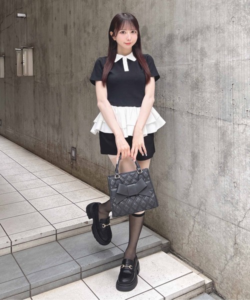 INGNI(イング)の「切替ペプラム襟配色ポロトップス(Tシャツ/カットソー・レディース・ブラック/オフホワイト・M)」の8枚目の写真