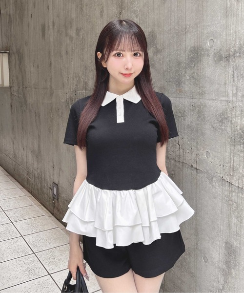 INGNI(イング)の「切替ペプラム襟配色ポロトップス(Tシャツ/カットソー・レディース・ブラック/オフホワイト・M)」の11枚目の写真