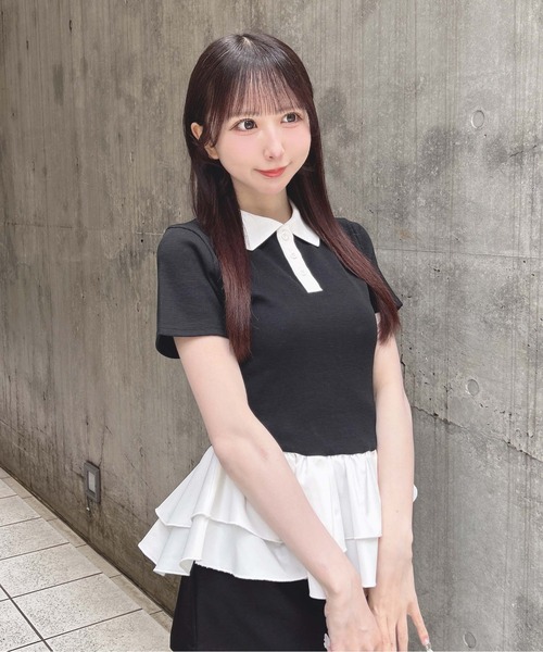 INGNI(イング)の「切替ペプラム襟配色ポロトップス(Tシャツ/カットソー・レディース・ブラック/オフホワイト・M)」の12枚目の写真