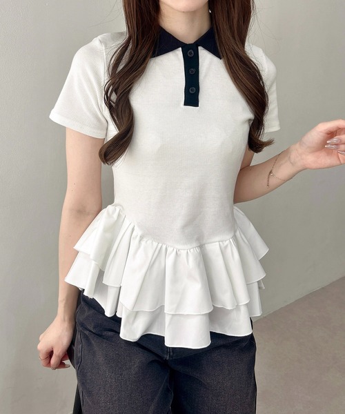 INGNI(イング)の「切替ペプラム襟配色ポロトップス(Tシャツ/カットソー・レディース・ブラック/オフホワイト・M)」の15枚目の写真