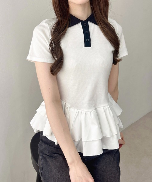 INGNI(イング)の「切替ペプラム襟配色ポロトップス(Tシャツ/カットソー・レディース・ブラック/オフホワイト・M)」の18枚目の写真