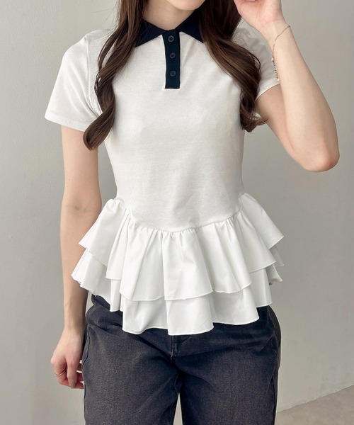 INGNI(イング)の「切替ペプラム襟配色ポロトップス(Tシャツ/カットソー・レディース・ブラック/オフホワイト・M)」の17枚目の写真