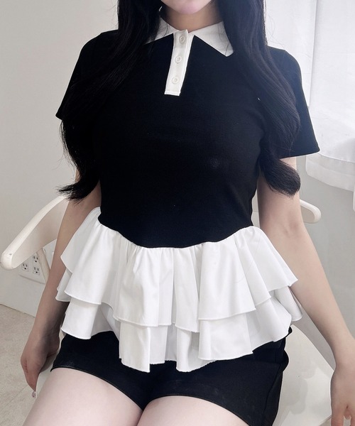 INGNI(イング)の「切替ペプラム襟配色ポロトップス(Tシャツ/カットソー・レディース・ブラック/オフホワイト・M)」の21枚目の写真