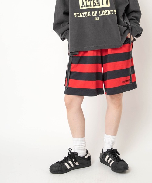 RNA(アールエヌエー)の「T1020 ボーダーハーフパンツ(その他パンツ・レディース・ブラウン/スミクロ/パープル・MEDIUM)」の1枚目の写真