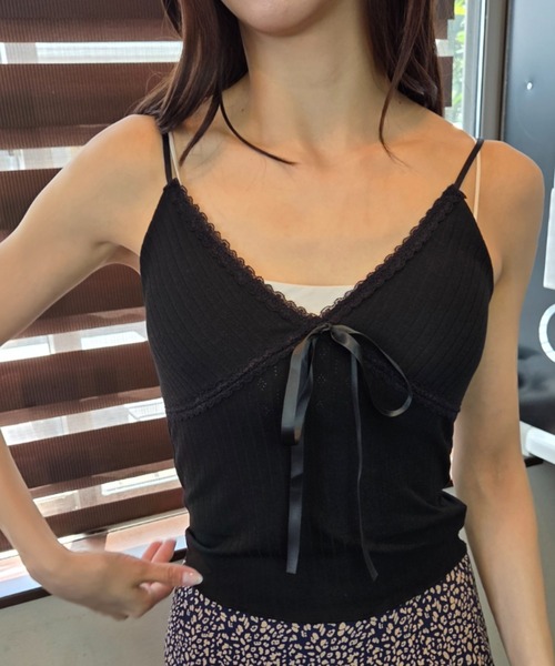 ｔｏｌｅｎｅ（トレネ）の「カップ付きフロントリボン レーストリミング リブキャミソール（キャミソール・レディース・ピンク/ブラック/ホワイト・FREE）」の2枚目の写真