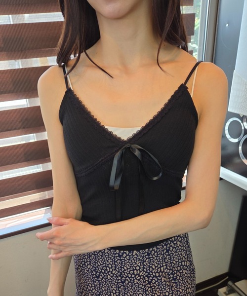 ｔｏｌｅｎｅ（トレネ）の「カップ付きフロントリボン レーストリミング リブキャミソール（キャミソール・レディース・ピンク/ブラック/ホワイト・FREE）」の11枚目の写真