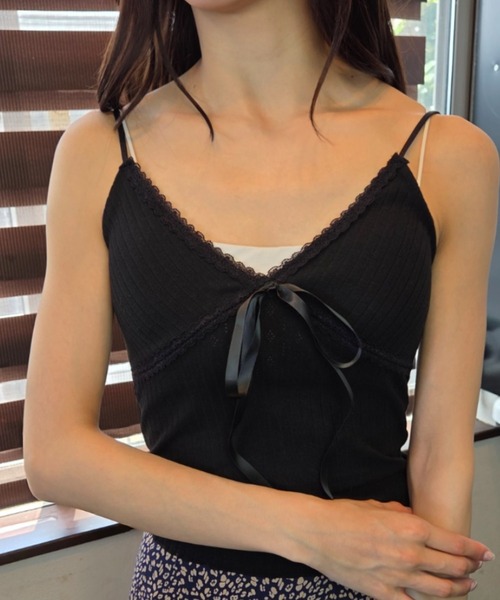 ｔｏｌｅｎｅ（トレネ）の「カップ付きフロントリボン レーストリミング リブキャミソール（キャミソール・レディース・ピンク/ブラック/ホワイト・FREE）」の10枚目の写真
