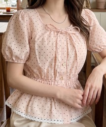 ドット柄ブラウス パフスリーブ ウエストマーク ペプラム リボン レトロ フェミニン 大人可愛い 半袖 トップス 春夏