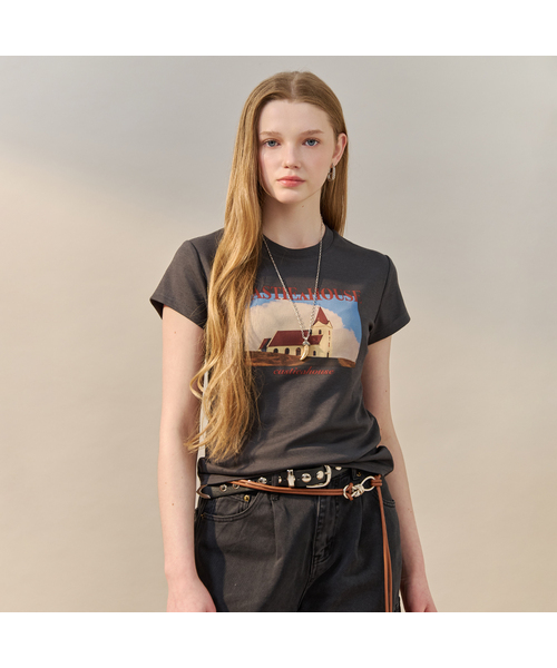 MAXZA(マージャコレクション)の「ヴィンテージムードグラフィックレタリング半袖Tシャツ(Tシャツ/カットソー・レディース・チャコール/スカイブルー・FREE)」の2枚目の写真