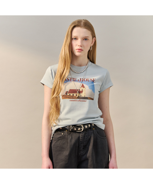 MAXZA(マージャコレクション)の「ヴィンテージムードグラフィックレタリング半袖Tシャツ(Tシャツ/カットソー・レディース・チャコール/スカイブルー・FREE)」の1枚目の写真