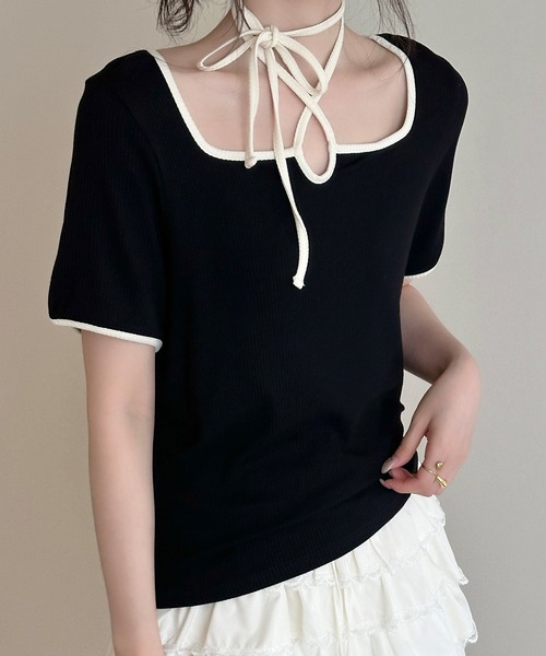 DAY CLOSET(デイ クローゼット)の「【アレンジし放題なマルチウェイネックストラップ】半袖パイピング 配色 リブ プルオーバー レディース(Tシャツ/カットソー・レディース・ホワイト×ブルー/ブラック×ホワイト・FREE)」の2枚目の写真