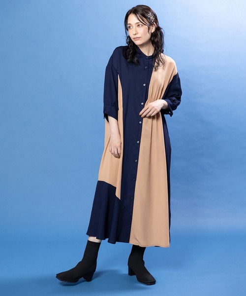 OSMOSIS(オズモーシス)の「バイカラーアシンメトリーワンピース(ワンピース・レディース・ブラック/カーキ/ネイビー・ONE SIZE)」の4枚目の写真