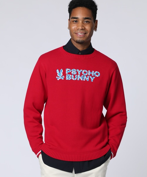 Psycho Bunny(サイコバニー)の「モザイク調ロゴ刺繍 コットン クルーネックニット(ニット/セーター・メンズ・レッド/ブラック/オフホワイト・MEDIUM/X-LARGE/LARGE)」の1枚目の写真