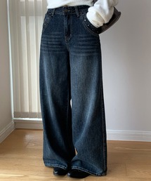 26AW/スタッズデザインウォッシュワイドデニムパンツ