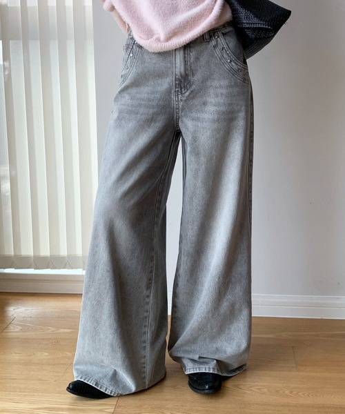 CHUN CHUN NOTES(チュンチュンノーツ)の「26AW/スタッズデザインウォッシュワイドデニムパンツ(デニムパンツ・レディース・ネイビー/グレー・S/M)」の4枚目の写真