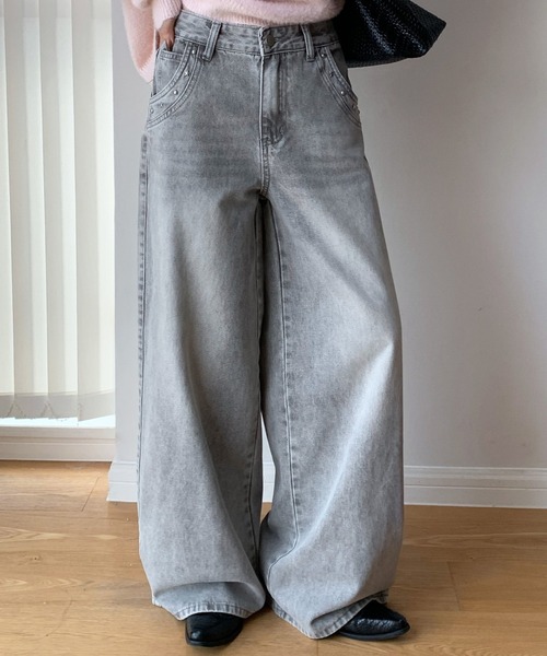 CHUN CHUN NOTES(チュンチュンノーツ)の「26AW/スタッズデザインウォッシュワイドデニムパンツ(デニムパンツ・レディース・ネイビー/グレー・S/M)」の5枚目の写真