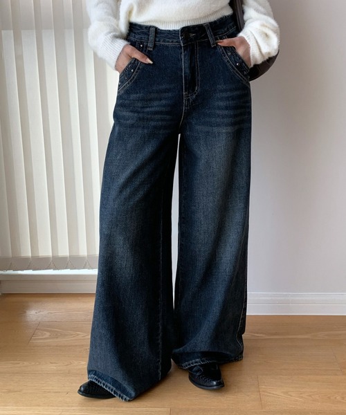 CHUN CHUN NOTES(チュンチュンノーツ)の「26AW/スタッズデザインウォッシュワイドデニムパンツ(デニムパンツ・レディース・ネイビー/グレー・S/M)」の12枚目の写真