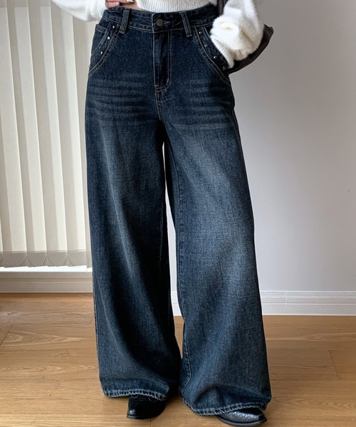 CHUN CHUN NOTES(チュンチュンノーツ)の「26AW/スタッズデザインウォッシュワイドデニムパンツ(デニムパンツ・レディース・ネイビー/グレー・S/M)」の14枚目の写真