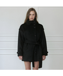 Belted Funnel-Neck Wool Half Coat [Black]