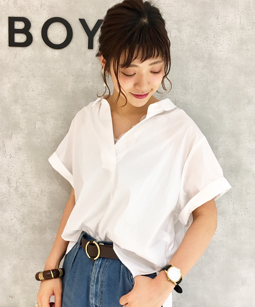PAGEBOY（ページボーイ）の「太袖スキッパーシャツ（シャツ/ブラウス・レディース・ネイビー/オフホワイト/ブラウン・FREE）」の2枚目の写真