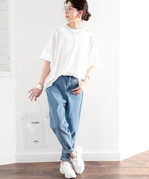 classicalelf(クラシカルエルフ)の「サーマルミドル丈 無地切り替えラウンドヘムクルーネックカットソー(半袖)(Tシャツ/カットソー・レディース・オフホワイト/モカ/グレー/ブラック・MEDIUM/LARGE/X-LARGE/XX-LARGE)」の12枚目の写真