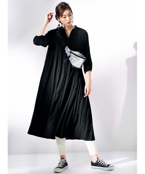 GeeRA(ジーラ)の「バンドカラーギャザーデザインワンピース(ワンピース・レディース・ブラック/ベージュ/ミント・MEDIUM/LARGE/X-LARGE/XX-LARGE)」の9枚目の写真