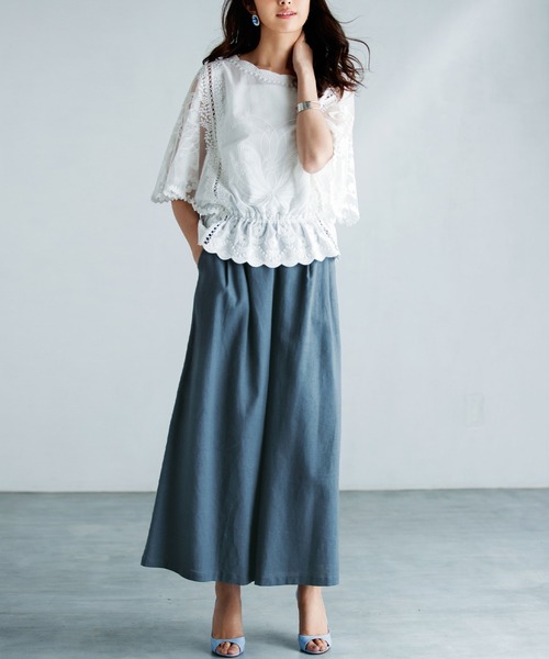 RANAN(ラナン)の「麻レーヨンボリュームワイドパンツ(スラックス・レディース・ベージュ/グレイッシュブルー/ストライプ・L/M/LL/3L)」の8枚目の写真