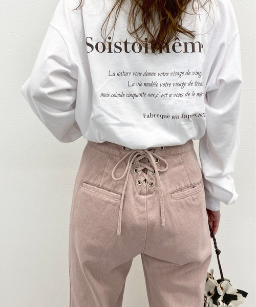 EPIMI E'PIMMY（エピミエピミー）の「バックレースアップセミフレアパンツ（デニムパンツ・レディース・オフホワイト/ブラック/ネイビー/キャメル/ピンクベージュ・SMALL/MEDIUM）」の5枚目の写真