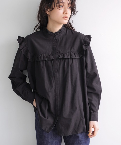 AMERICAN HOLIC（アメリカンホリック）の「スタンドフリルブラウス（シャツ/ブラウス・レディース・ブラック/オフホワイト/ストライプ・FREE）」の2枚目の写真