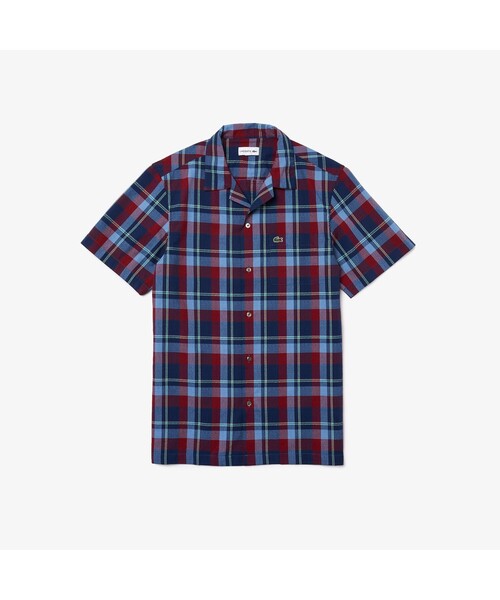 LACOSTE(ラコステ)の「オープンネックチェックシャツ(シャツ/ブラウス・メンズ・ネイビー/オレンジ/ピンクベージュ・40/38/39/41)」の1枚目の写真