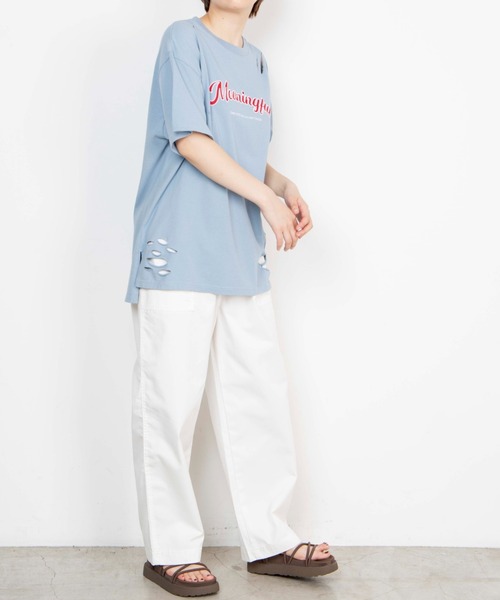 WEGO（ウィゴー）の「WEGO/ツイルワッペンダメージビックシルエットTシャツ（Tシャツ/カットソー・レディース・サックスブルー/スミクロ・FREE）」の6枚目の写真