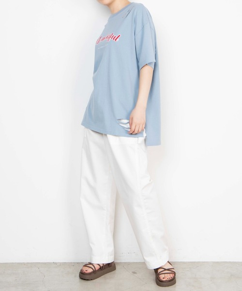 WEGO（ウィゴー）の「WEGO/ツイルワッペンダメージビックシルエットTシャツ（Tシャツ/カットソー・レディース・サックスブルー/スミクロ・FREE）」の7枚目の写真