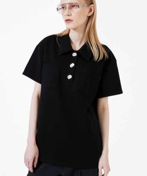 ESC STUDIO（イーエスシースタジオ）の「【ESC STUDIO】Button polo shirt（ポロシャツ・メンズ・ブラック/クリーム・ONE SIZE）」の2枚目の写真