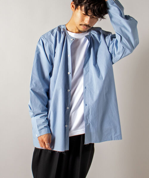 GLOSTER（グロスター）の「【GLOSTER/グロスター】オーガニックコットン スモックシャツ（シャツ/ブラウス・メンズ・ホワイト/ブラック/サックスブルー・MEDIUM/LARGE）」の4枚目の写真