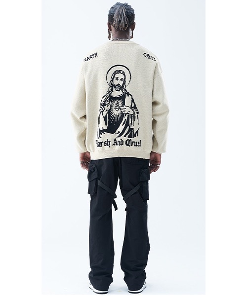 HARSH AND CRUEL（ハーシュアンドクルーエル）の「グラフィック刺繍  ニットセーター HC21AW07【Harsh and Cruel】（ニット/セーター・メンズ・ホワイト/ブラック・L/M/S/XL）」の8枚目の写真