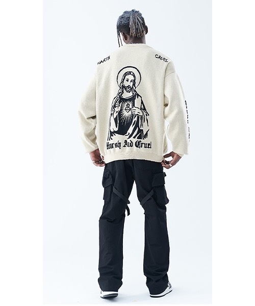 HARSH AND CRUEL（ハーシュアンドクルーエル）の「グラフィック刺繍  ニットセーター HC21AW07【Harsh and Cruel】（ニット/セーター・メンズ・ホワイト/ブラック・L/M/S/XL）」の7枚目の写真