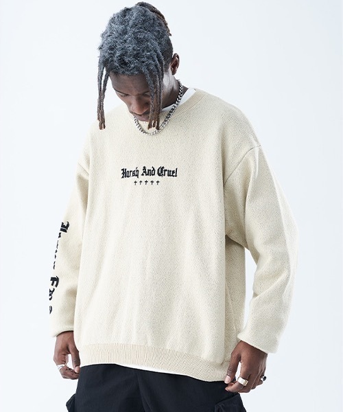 HARSH AND CRUEL（ハーシュアンドクルーエル）の「グラフィック刺繍  ニットセーター HC21AW07【Harsh and Cruel】（ニット/セーター・メンズ・ホワイト/ブラック・L/M/S/XL）」の3枚目の写真