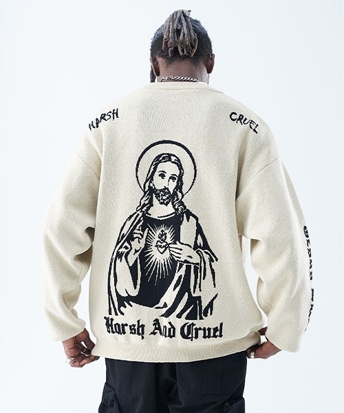 HARSH AND CRUEL（ハーシュアンドクルーエル）の「グラフィック刺繍  ニットセーター HC21AW07【Harsh and Cruel】（ニット/セーター・メンズ・ホワイト/ブラック・L/M/S/XL）」の4枚目の写真