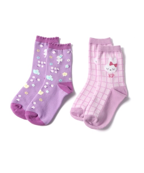 KP DECO(ケーピーデコ)の「mimiちゃんと花柄のクルーソックス2足セット(13-15~21-23cm)(ソックス/靴下・キッズ・パープル/ピンク・22cm/16cm/18cm/14cm/20cm)」の1枚目の写真