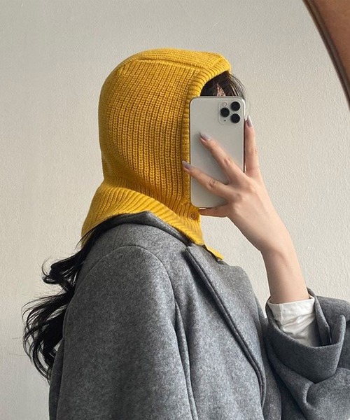 me+em select(ミームセレクト)の「※【 新色追加/11色展開 】ニットフーディーバラクラバ(ニットキャップ/ビーニー・レディース・チャコール/ブラック/グリーン/アイボリー/ブルー/グレー/レッド/ベージュ/イエロー/ピンク/ライトブルー・FREE)」の9枚目の写真