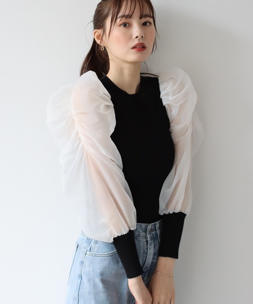 BLUEEAST（ブルーイースト）の「シアースリーブニット（ニット/セーター・レディース・ホワイト/ブラック/グレー/ピンクベージュ/ブラック系・MEDIUM）」の3枚目の写真