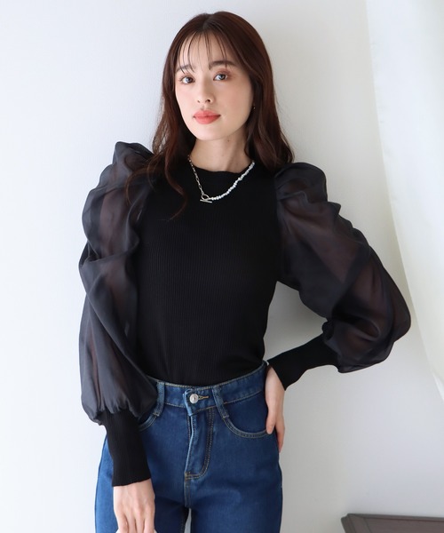 BLUEEAST（ブルーイースト）の「シアースリーブニット（ニット/セーター・レディース・ホワイト/ブラック/グレー/ピンクベージュ/ブラック系・MEDIUM）」の7枚目の写真