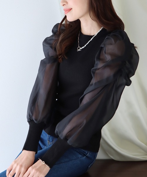 BLUEEAST（ブルーイースト）の「シアースリーブニット（ニット/セーター・レディース・ホワイト/ブラック/グレー/ピンクベージュ/ブラック系・MEDIUM）」の9枚目の写真