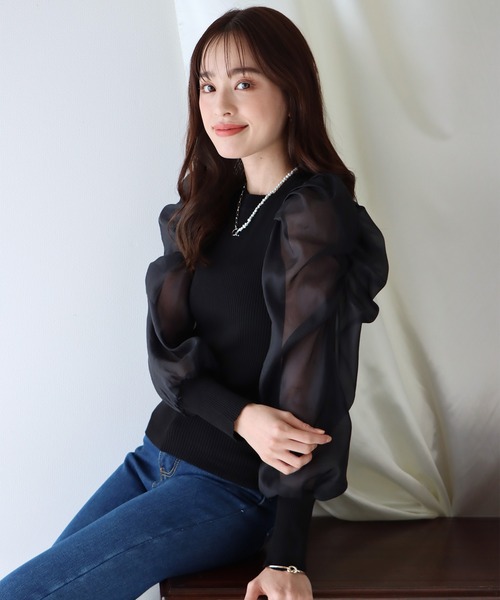 BLUEEAST（ブルーイースト）の「シアースリーブニット（ニット/セーター・レディース・ホワイト/ブラック/グレー/ピンクベージュ/ブラック系・MEDIUM）」の6枚目の写真