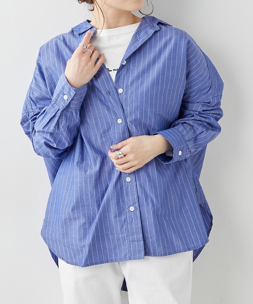 PUAL CE CIN(ピュアルセシン)の「綿テンセルストライプブラウス(シャツ/ブラウス・レディース・ブルー/アイボリー/グレイッシュベージュ・FREE)」の2枚目の写真